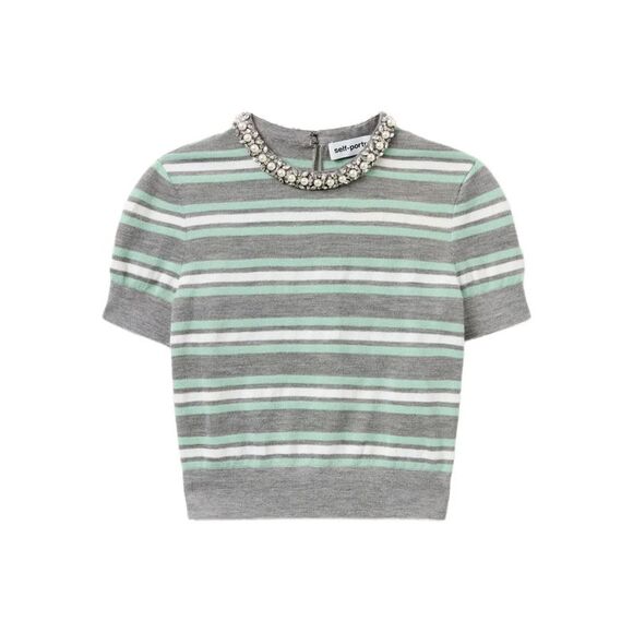 Self-Portrait Women Grey Striped Sweater With Crystal Trim